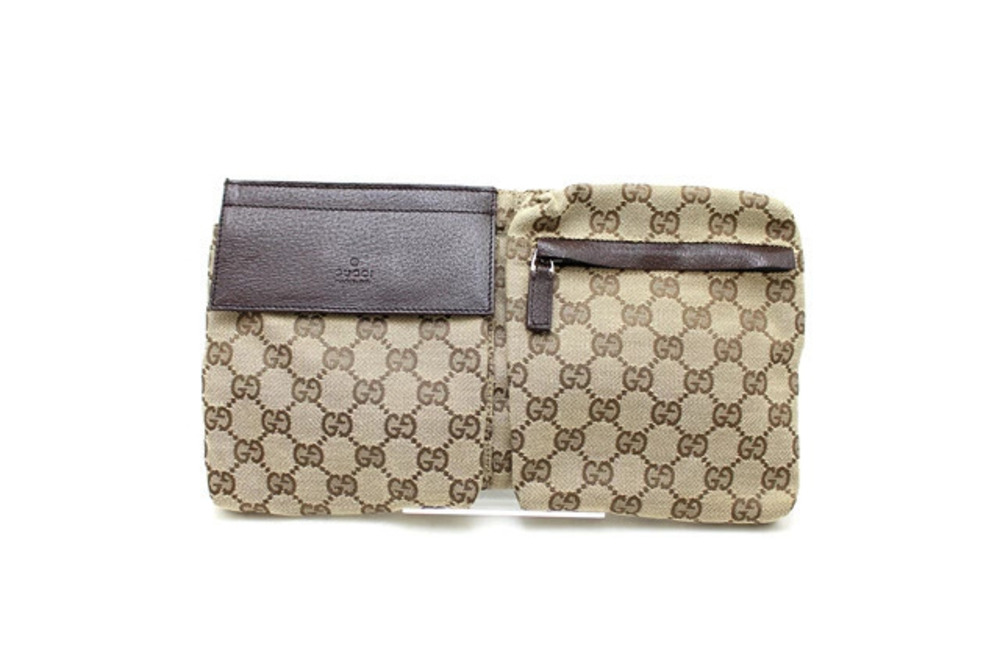 Gucci GG Canvas Leather Waist Bag Beige Cream Brown